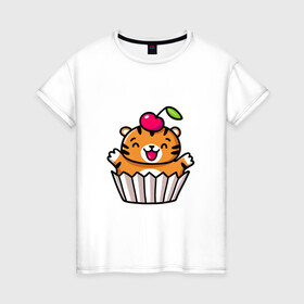 Женская футболка хлопок с принтом Тигренок   пирожное в Петрозаводске, 100% хлопок | прямой крой, круглый вырез горловины, длина до линии бедер, слегка спущенное плечо | 2022 | год тигра | новый год | новый год 2022 | символ года | тигр | тигренок | тигрица | тигры