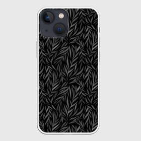 Чехол для iPhone 13 mini с принтом Растительный орнамент (черно белый) в Петрозаводске,  |  | Тематика изображения на принте: ветви | дебри | деревья | джунгли | заросли | кусты | лесное | листва | листья | орнамент | осень | паттерн | принт | природа | растения | растительность | роспись | сад | серое | сплошное | темное