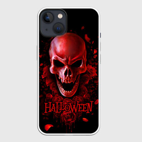 Чехол для iPhone 13 с принтом Красный череп в кровавых розах в Петрозаводске,  |  | bloody | drops | fangs | happy halloween | look from hell | red | roses | skull | vampire | вампир | взгляд из ада | капли | клыки | красный | кровавые | праздник | розы | хэллоуин | череп