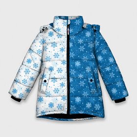 Зимняя куртка для девочек 3D с принтом Снежинки (зимняя пора) в Петрозаводске, ткань верха — 100% полиэстер; подклад — 100% полиэстер, утеплитель — 100% полиэстер. | длина ниже бедра, удлиненная спинка, воротник стойка и отстегивающийся капюшон. Есть боковые карманы с листочкой на кнопках, утяжки по низу изделия и внутренний карман на молнии. 

Предусмотрены светоотражающий принт на спинке, радужный светоотражающий элемент на пуллере молнии и на резинке для утяжки. | merry christmas | дед мороз | ёлка | зима | мороз | новый год | подарок | праздник | рождество | с новым годом | сантаклаус | снег | снеговик | снегурочка | снежинки | снежные узоры | узоры