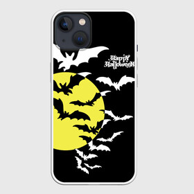 Чехол для iPhone 13 с принтом Летучие мыши на Хэллоуин в Петрозаводске,  |  | bats | black | happy halloween | moon | night | sky | yellow | желтая | летучие мыши | луна | небо | ночь | праздник | хэллоуин | черное