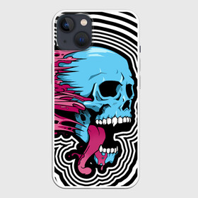 Чехол для iPhone 13 с принтом Летящий череп в Петрозаводске,  |  | blood | blue | day of the dead | fangs | happy halloween | holiday | skull | день мертвых | клыки | кровь | праздник | синий | хэллоуин | череп