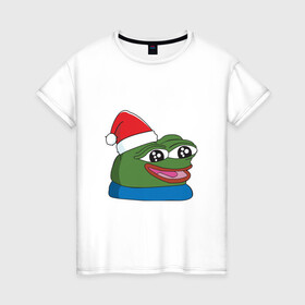 Женская футболка хлопок с принтом Pepe, pepe happy, Пепе хеппи, pepe happy new year в Петрозаводске, 100% хлопок | прямой крой, круглый вырез горловины, длина до линии бедер, слегка спущенное плечо | frog pepe | happy | happy new year | mem | meme | peepo | pepe | pepe happy | pepe happy new year | лягушка пепе | лягушонок | лягушонок пепе | пепе хеппи | хеппи