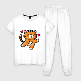 Женская пижама хлопок с принтом влюбленный тигр в Петрозаводске, 100% хлопок | брюки и футболка прямого кроя, без карманов, на брюках мягкая резинка на поясе и по низу штанин | 2022 | год тигра | новый год | новый год 2022 | символ года | тигр | тигренок | тигрица | тигры