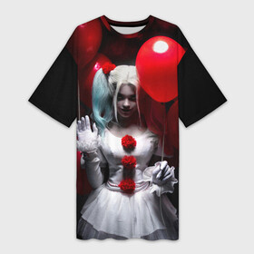 Платье-футболка 3D с принтом Плохая девочка с красными шарами в Петрозаводске,  |  | bad girl | balloons | blonde | clown | girl | halloween | happy halloween | holiday | red | white dress | witch | белое платье | блондинка | ведьма | воздушные шары | девушка | клоун | красные | праздник | хэллоуин