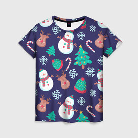 Женская футболка 3D с принтом Рождественский Паттерн в Петрозаводске, 100% полиэфир ( синтетическое хлопкоподобное полотно) | прямой крой, круглый вырез горловины, длина до линии бедер | deer | merry christmas | веселого рождества | ели | елки | олени | рождество | снеговики | снежинки