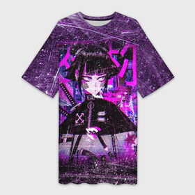 Платье-футболка 3D с принтом Cyberpunk Samurai Anime в Петрозаводске,  |  | 2077 | anime | cyberpunk | girl | grunge | japan | neon | pink | аниме | анимэ | гранж | девочка | девушка | игра | иероглифы | киберпанк | мульт | неон | неоновый | офф вайт | полосы | потертости | самурай | символ | тян | узоры | я