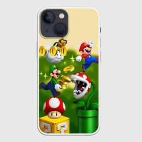 Чехол для iPhone 13 mini с принтом Mario Coins в Петрозаводске,  |  | bowser | coin | koopa | luigi | mario | mashrum | nintendo | power up | video game | боузер | видео игра | гриб | деньги | игра | купа | луиджи | марио | монеты | нинтендо