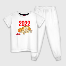 Детская пижама хлопок с принтом Ленивый толстый тигр 2022 в Петрозаводске, 100% хлопок |  брюки и футболка прямого кроя, без карманов, на брюках мягкая резинка на поясе и по низу штанин
 | Тематика изображения на принте: 2022 | год тигра | новый год | новый год 2022 | символ года | тигр | тигренок | тигрица | тигры