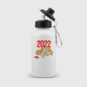 Бутылка спортивная с принтом Ленивый толстый тигр 2022 в Петрозаводске, металл | емкость — 500 мл, в комплекте две пластиковые крышки и карабин для крепления | 2022 | год тигра | новый год | новый год 2022 | символ года | тигр | тигренок | тигрица | тигры