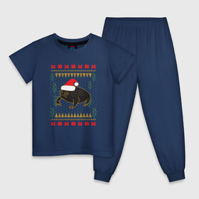 Детская пижама хлопок с принтом Рождественский свитер Жаба в Петрозаводске, 100% хлопок |  брюки и футболка прямого кроя, без карманов, на брюках мягкая резинка на поясе и по низу штанин
 | Тематика изображения на принте: christmas | ugly sweater | африканская лягушка | дождевая лягушка | жаба | зима | зимний | лягушка | новый год | рождественский свитер | рождество | уродливый свитер | черная лягушка