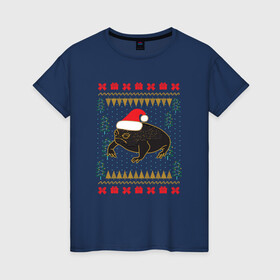 Женская футболка хлопок с принтом Рождественский свитер Жаба в Петрозаводске, 100% хлопок | прямой крой, круглый вырез горловины, длина до линии бедер, слегка спущенное плечо | christmas | ugly sweater | африканская лягушка | дождевая лягушка | жаба | зима | зимний | лягушка | новый год | рождественский свитер | рождество | уродливый свитер | черная лягушка