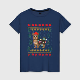 Женская футболка хлопок с принтом Рождественский свитер Йоркшик в Петрозаводске, 100% хлопок | прямой крой, круглый вырез горловины, длина до линии бедер, слегка спущенное плечо | christmas | ugly sweater | вечеринка | йорк | йоркширский терьер | новый год | праздники | рождественский свитер | рождество | собака | собачка | уродливый свитер