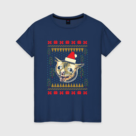Женская футболка хлопок с принтом Рождественский свитер кашляющий кот в Петрозаводске, 100% хлопок | прямой крой, круглый вырез горловины, длина до линии бедер, слегка спущенное плечо | christmas | coughing cat | ugly sweater | вечеринка | кашляющий кот | кот мем | котик | новогодние праздники | новый год | рождественский свитер | рождество | уродливый свитер