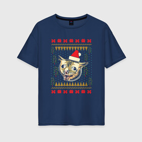 Женская футболка хлопок Oversize с принтом Рождественский свитер кашляющий кот в Петрозаводске, 100% хлопок | свободный крой, круглый ворот, спущенный рукав, длина до линии бедер
 | christmas | coughing cat | ugly sweater | вечеринка | кашляющий кот | кот мем | котик | новогодние праздники | новый год | рождественский свитер | рождество | уродливый свитер