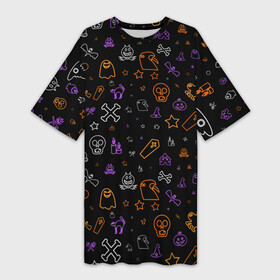 Платье-футболка 3D с принтом ХЕЛЛОУИН ПАТТЕРН НЕОН  HALLOWEEN NEON в Петрозаводске,  |  | bats | bones | ghost | halloween | pumpkin | skull | кости | летучие мыши | приведение | призрак | скелет | тыква | хеллоуин | хоррор | хэллоуин