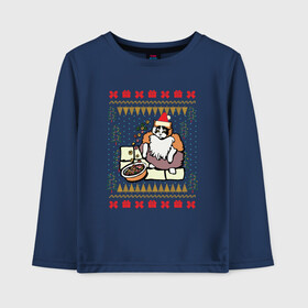 Детский лонгслив хлопок с принтом Рождественский свитер Котик с колечками в Петрозаводске, 100% хлопок | круглый вырез горловины, полуприлегающий силуэт, длина до линии бедер | christmas | fruit loops | loops | meme | ugly sweater | вечеринка | кот мем | котик | новый год | рождественский свитер | рождество | с фруктовыми колечками | уродливый свитер