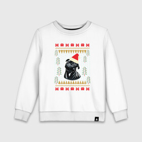 Детский свитшот хлопок с принтом Рождественский свитер Черный мопс в Петрозаводске, 100% хлопок | круглый вырез горловины, эластичные манжеты, пояс и воротник | Тематика изображения на принте: christmas | ugly sweater | вечеринка | мопс | новогодние праздники | новый год | рождественский свитер | рождество | собака | собачка | уродливый свитер | черный мопс
