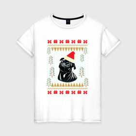 Женская футболка хлопок с принтом Рождественский свитер Черный мопс в Петрозаводске, 100% хлопок | прямой крой, круглый вырез горловины, длина до линии бедер, слегка спущенное плечо | Тематика изображения на принте: christmas | ugly sweater | вечеринка | мопс | новогодние праздники | новый год | рождественский свитер | рождество | собака | собачка | уродливый свитер | черный мопс