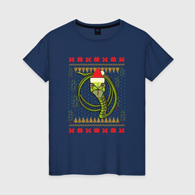 Женская футболка хлопок с принтом Рождественский свитер Скептическая змея в Петрозаводске, 100% хлопок | прямой крой, круглый вырез горловины, длина до линии бедер, слегка спущенное плечо | christmas | ugly sweater | вечеринка | змеи | мемы | новогодние праздники | новый год | прикольная змея | рождественский свитер | рождество | уродливый свитер