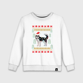 Детский свитшот хлопок с принтом Рождественский свитер Хаски в Петрозаводске, 100% хлопок | круглый вырез горловины, эластичные манжеты, пояс и воротник | christmas | ugly sweater | вечеринка | новогодние праздники | новый год | рождественский свитер | рождество | сибирский хаски | собака | собачка | уродливый свитер | хаски