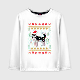 Детский лонгслив хлопок с принтом Рождественский свитер Хаски в Петрозаводске, 100% хлопок | круглый вырез горловины, полуприлегающий силуэт, длина до линии бедер | christmas | ugly sweater | вечеринка | новогодние праздники | новый год | рождественский свитер | рождество | сибирский хаски | собака | собачка | уродливый свитер | хаски