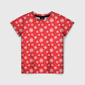 Детская футболка 3D с принтом Снежинки (красный фон) в Петрозаводске, 100% гипоаллергенный полиэфир | прямой крой, круглый вырез горловины, длина до линии бедер, чуть спущенное плечо, ткань немного тянется | merry christmas | дед мороз | ёлка | зима | мороз | новый год | подарок | праздник | рождество | с новым годом | сантаклаус | снег | снеговик | снегурочка | снежинки | снежные узоры | узоры