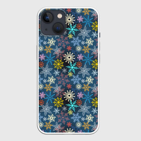 Чехол для iPhone 13 с принтом Красочные Снежинки в Петрозаводске,  |  | merry christmas | дед мороз | ёлка | зима | мороз | новый год | подарок | праздник | рождество | с новым годом | сантаклаус | снег | снеговик | снегурочка | снежинки | снежные узоры | узоры