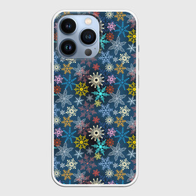 Чехол для iPhone 13 Pro с принтом Красочные Снежинки в Петрозаводске,  |  | merry christmas | дед мороз | ёлка | зима | мороз | новый год | подарок | праздник | рождество | с новым годом | сантаклаус | снег | снеговик | снегурочка | снежинки | снежные узоры | узоры