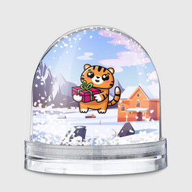 Игрушка Снежный шар с принтом Новогодний тигренок с подарком в Петрозаводске, Пластик | Изображение внутри шара печатается на глянцевой фотобумаге с двух сторон | 2022 | год тигра | новый год | новый год 2022 | символ года | тигр | тигренок | тигрица | тигры