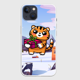 Чехол для iPhone 13 с принтом Новогодний тигренок с подарком в Петрозаводске,  |  | 2022 | год тигра | новый год | новый год 2022 | символ года | тигр | тигренок | тигрица | тигры