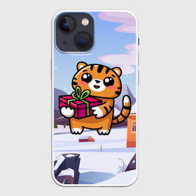 Чехол для iPhone 13 mini с принтом Новогодний тигренок с подарком в Петрозаводске,  |  | 2022 | год тигра | новый год | новый год 2022 | символ года | тигр | тигренок | тигрица | тигры