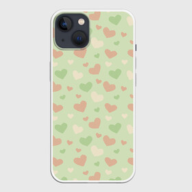 Чехол для iPhone 13 с принтом Сердечки на светло зеленом фоне в Петрозаводске,  |  | hearts | love | valentines day | белый | день влюбленных | зеленый | красный | любовь | сердечки | сердце