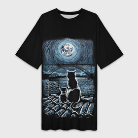 Платье-футболка 3D с принтом КОТЫ НА КРЫШЕ в Петрозаводске,  |  | cat | moon | night | животные | звезды | звери | кот | котенок | коты | кошка | красиво | крыша | луна | мама | небо | ночь | тьма
