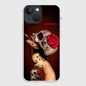 Чехол для iPhone 13 mini с принтом Ведьма с красной розой в Петрозаводске,  |  | body art | cigarette | day of the dead | halloween | happy halloween | holiday | nude witch | profile | red rose | skull | tattoo | боди арт | день мертвых | красная роза | обнаженная ведьма | праздник | профиль | тату | хэллоуин