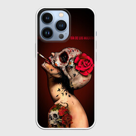 Чехол для iPhone 13 Pro с принтом Ведьма с красной розой в Петрозаводске,  |  | body art | cigarette | day of the dead | halloween | happy halloween | holiday | nude witch | profile | red rose | skull | tattoo | боди арт | день мертвых | красная роза | обнаженная ведьма | праздник | профиль | тату | хэллоуин