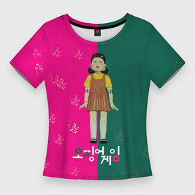 Женская футболка 3D Slim с принтом Игра в кальмара. Кукла. Противостояние в Петрозаводске,  |  | игра в кальмара | игра на выживание | логотип игры в кальмара | песня куклы | рисунок руками | страшная кукла | фан арт