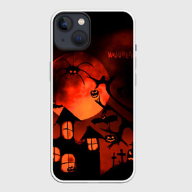 Чехол для iPhone 13 с принтом Красная луна на Хэллоуин в Петрозаводске,  |  | bats | evil spirits | graveyard with crosses | halloween | happy halloween | holiday | night | pumpkins | red moon | spider | кладбище с крестами | красная луна | летучие мыши | нечисть | ночь | паук | праздник | тыквы | хэллоуин