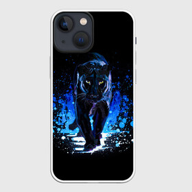 Чехол для iPhone 13 mini с принтом Черная пантера пятна краски в Петрозаводске,  |  | black panther | panthera | большая кошка | красивая кошка | пантера | пятна краски | синяя краска | хищный зверь | черная пантера