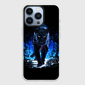Чехол для iPhone 13 Pro с принтом Черная пантера пятна краски в Петрозаводске,  |  | black panther | panthera | большая кошка | красивая кошка | пантера | пятна краски | синяя краска | хищный зверь | черная пантера