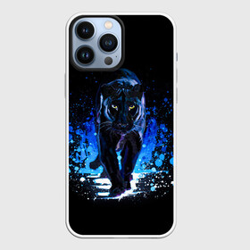 Чехол для iPhone 13 Pro Max с принтом Черная пантера пятна краски в Петрозаводске,  |  | Тематика изображения на принте: black panther | panthera | большая кошка | красивая кошка | пантера | пятна краски | синяя краска | хищный зверь | черная пантера