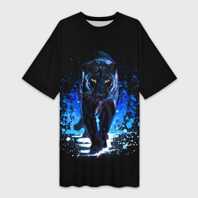 Платье-футболка 3D с принтом Черная пантера пятна краски в Петрозаводске,  |  | Тематика изображения на принте: black panther | panthera | большая кошка | красивая кошка | пантера | пятна краски | синяя краска | хищный зверь | черная пантера