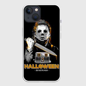 Чехол для iPhone 13 с принтом Маньяк с большим ножом в Петрозаводске,  |  | dripping blood | halloween | happy halloween | holiday | house in the night | killer with a knife | masked maniac | pumpkin | дом в ночи | капает кровь | праздник | тыква | хэллоуин