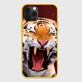 Чехол для iPhone 12 Pro с принтом Тигр красавчик сердится в Петрозаводске, силикон | область печати: задняя сторона чехла, без боковых панелей | 2022 | aggressive | angry | fangs | new year | open mouth | predator | tiger | year of the tiger | агрессивный | год тигра | клыки | новый год | открытая пасть | сердитый | тигр | хищник