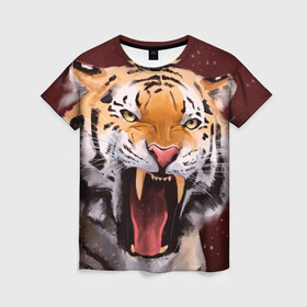 Женская футболка 3D с принтом Тигр красавчик сердится в Петрозаводске, 100% полиэфир ( синтетическое хлопкоподобное полотно) | прямой крой, круглый вырез горловины, длина до линии бедер | 2022 | aggressive | angry | fangs | new year | open mouth | predator | tiger | year of the tiger | агрессивный | год тигра | клыки | новый год | открытая пасть | сердитый | тигр | хищник