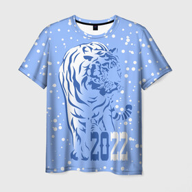Мужская футболка 3D с принтом Голубой водяной тигр в Петрозаводске, 100% полиэфир | прямой крой, круглый вырез горловины, длина до линии бедер | 2022 | beast | blue water tiger | is coming | new year | predator | strength and tranquility | year of the tiger | год тигра | зверь | зима | идет | новый год | сила и спокойствие | снег | хищник