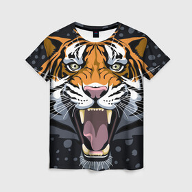 Женская футболка 3D с принтом Амурский тигр в ночи в Петрозаводске, 100% полиэфир ( синтетическое хлопкоподобное полотно) | прямой крой, круглый вырез горловины, длина до линии бедер | Тематика изображения на принте: 2022 | aggression | amur tiger | beast | grin | new year | night | open mouth | predator | snowfall | winter | year of the tiger | агрессия | амурский тигр | год тигра | зверь | зима | новый год | ночь | оскал | открытая пасть | снегопад | хищник