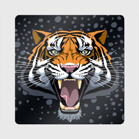 Магнит виниловый Квадрат с принтом Амурский тигр в ночи в Петрозаводске, полимерный материал с магнитным слоем | размер 9*9 см, закругленные углы | Тематика изображения на принте: 2022 | aggression | amur tiger | beast | grin | new year | night | open mouth | predator | snowfall | winter | year of the tiger | агрессия | амурский тигр | год тигра | зверь | зима | новый год | ночь | оскал | открытая пасть | снегопад | хищник