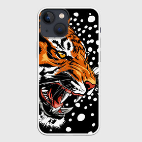 Чехол для iPhone 13 mini с принтом Амурский тигр и снегопад в Петрозаводске,  |  | 2022 | amur tiger | beast | grin | new year | night | open mouth | predator | profile | snowfall | winter | year of the tiger | амурский тигр | год тигра | зверь | зима | новый год | ночь | оскал | открытая пасть | профиль | снегопад | хищник