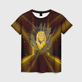 Женская футболка 3D с принтом Золотой тигр 2022 в Петрозаводске, 100% полиэфир ( синтетическое хлопкоподобное полотно) | прямой крой, круглый вырез горловины, длина до линии бедер | 2022 | год тигра | новый год | новый год 2022 | символ года | тигр | тигренок | тигрица | тигры